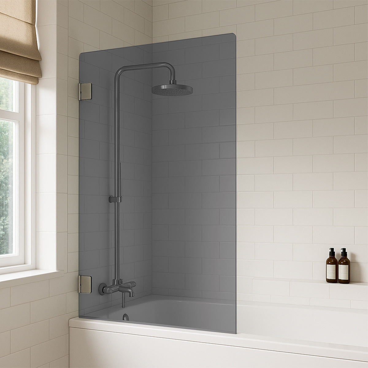 Grey Tinted Toughened Glass Bath Screens With Hinges